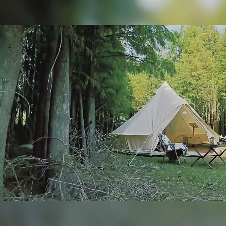 Load and play video in Gallery viewer, ZlCamp Khan Glamping Bell Tent Oversize Space All Cotton Heavy Duty Waterproof Luxury Outdoor Bell Tent in All Seasons Cotton Yurt Tent
